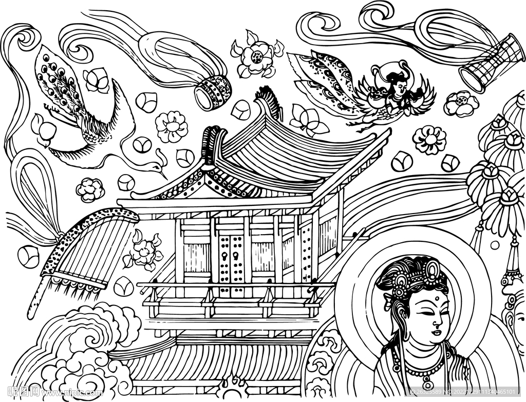 敦煌建筑人物飞天线稿
