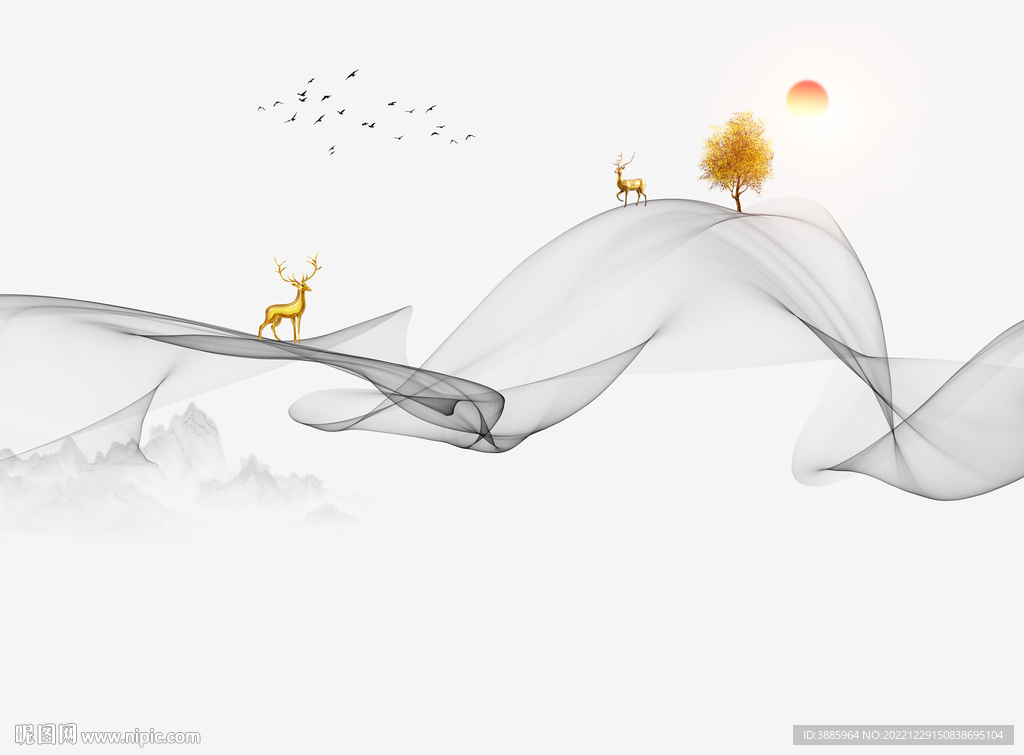 金鹿送福梦幻线条客厅沙发背景墙