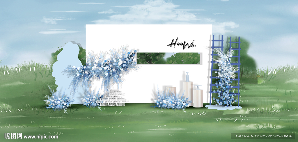 蓝白色户外婚礼迎宾区