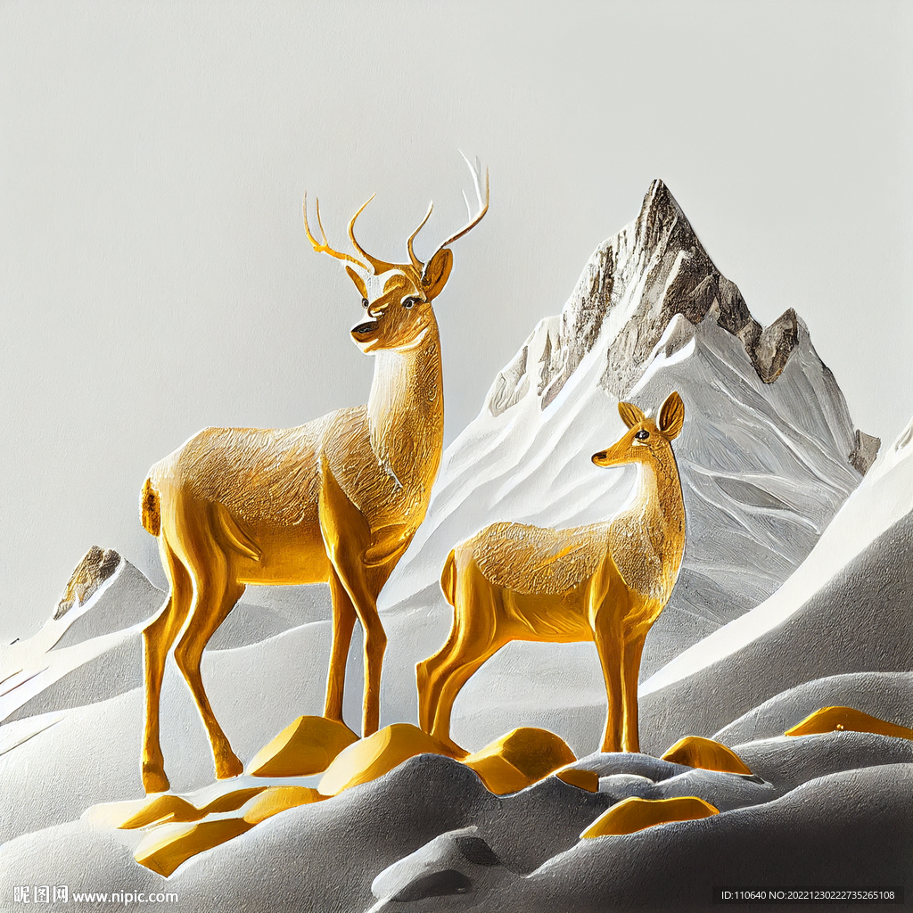 小鹿与雪山装饰画