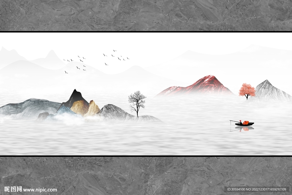 新中式水墨山水大理石电视背景墙