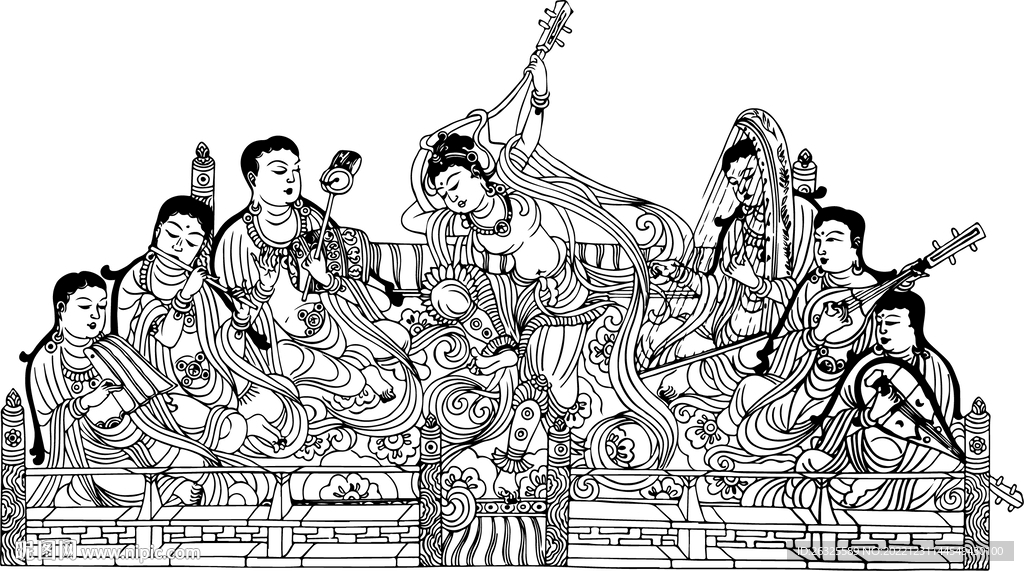 古代演奏人物奏乐群像白描