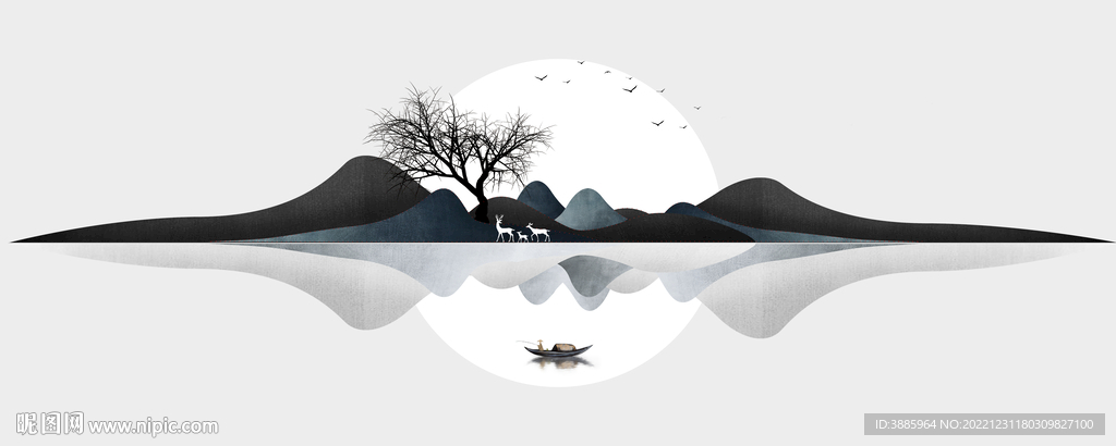 山水福禄鹿现代装饰画挂画图片