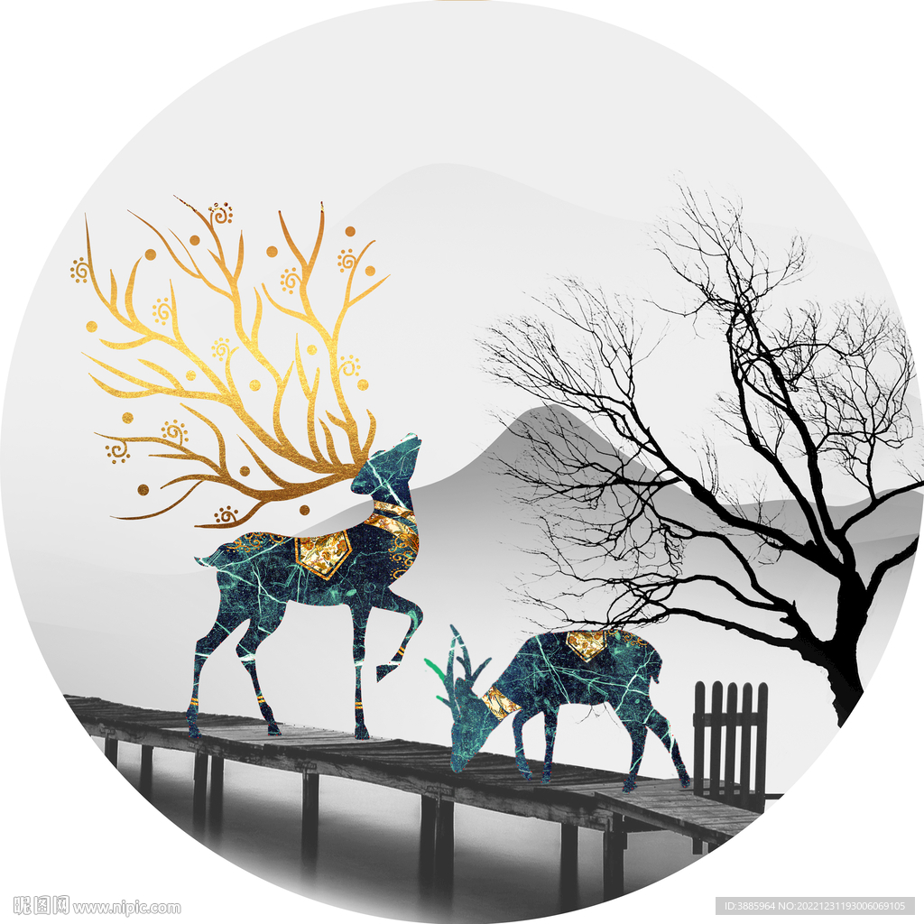 麋鹿发财树金色轻奢圆形装饰画图