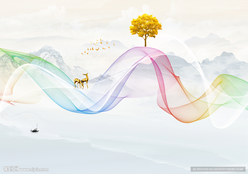 新中式抽象山水线条背景墙图片