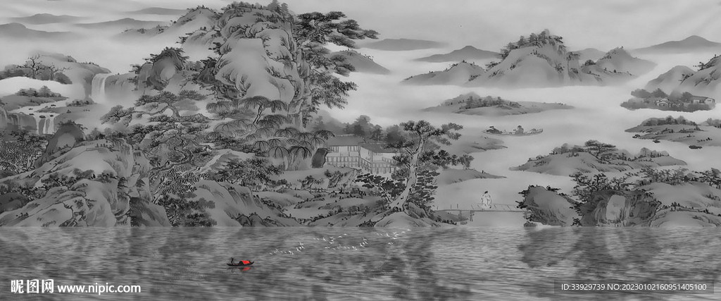 水墨屏风山水画