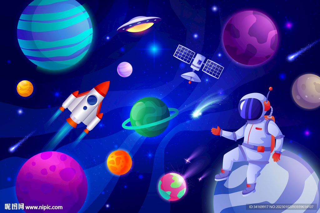 蓝色太空星球卡通宇航员火箭背景