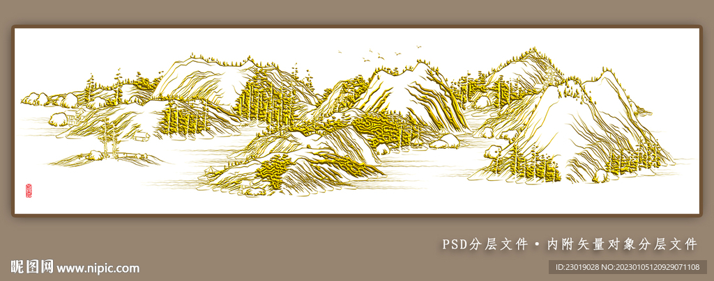 金线水墨山水画