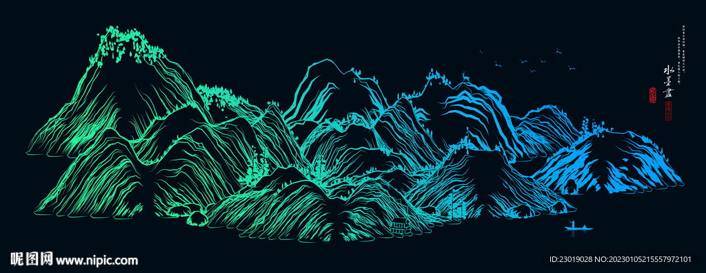 山脉意境线条山水画