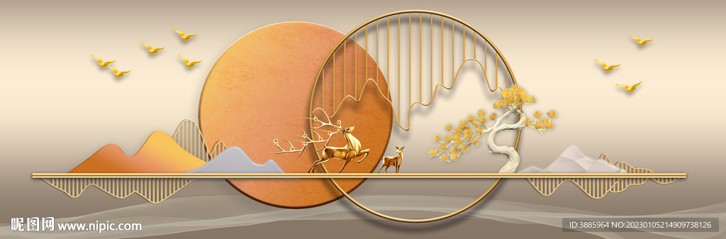 新中式抽象金色麋鹿山水床头画图