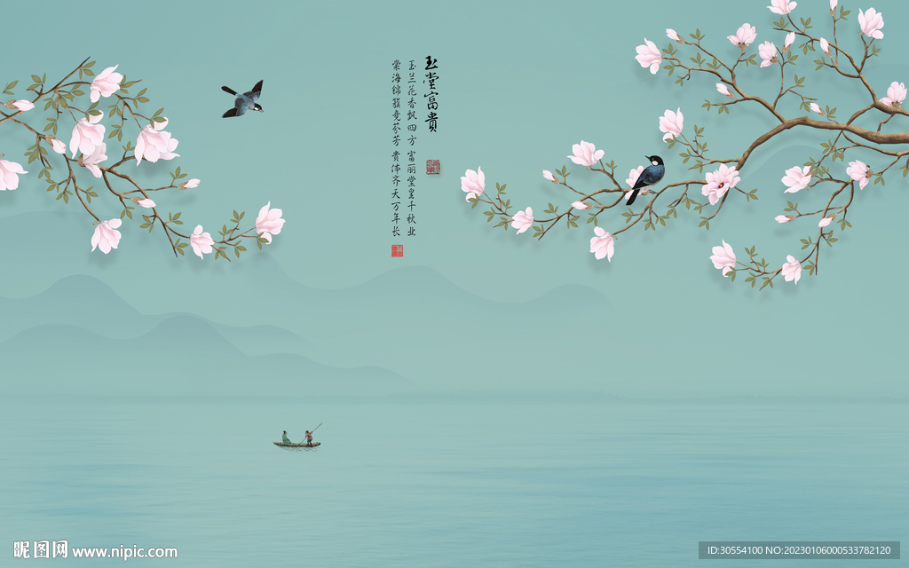 新中式手绘玉兰花鸟电视背景墙图