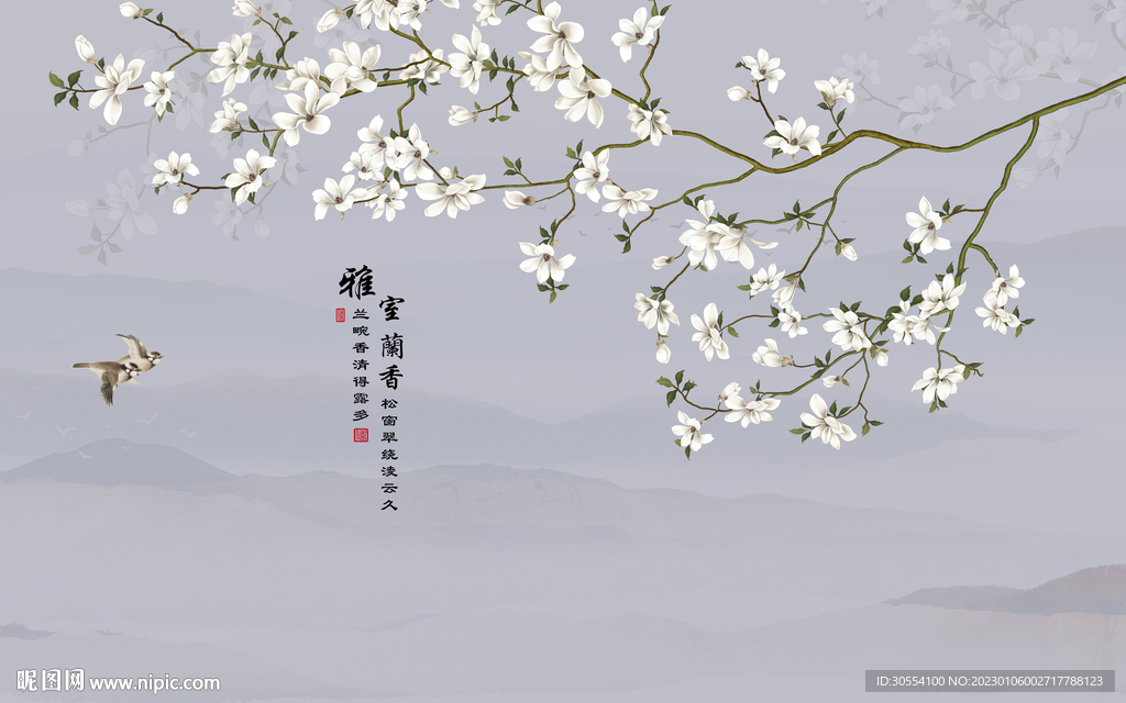 新中式工笔花鸟画背景墙图片