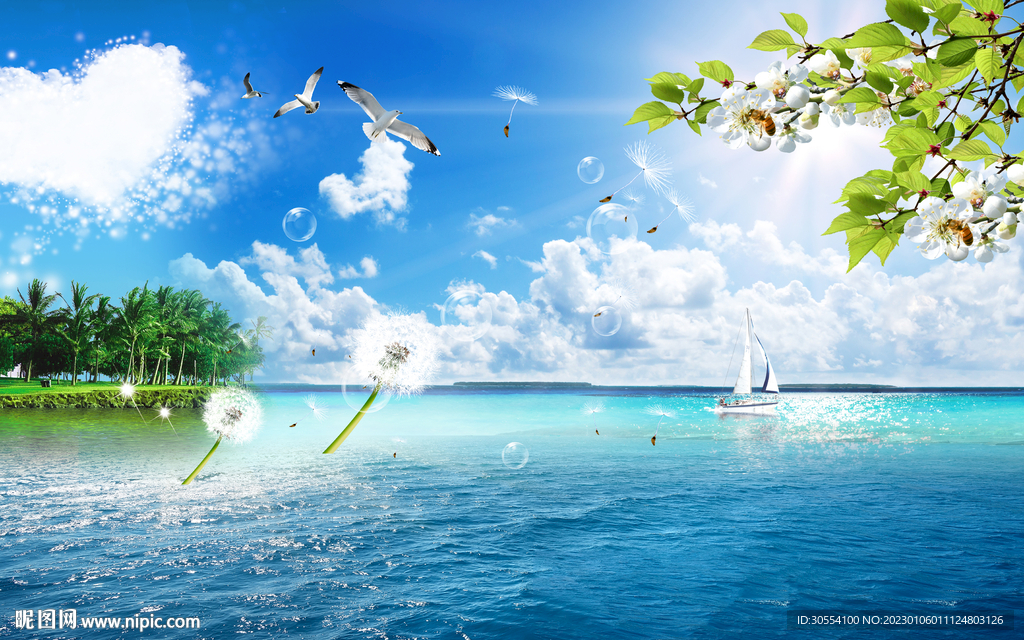 蓝天白云大海沙滩图片