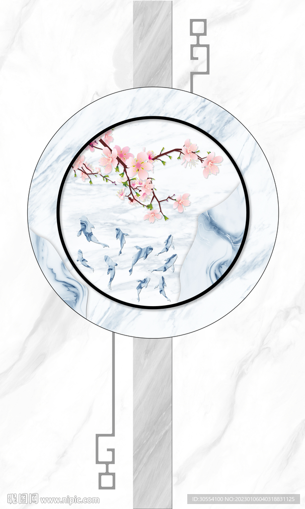 新中式山水大理石复式楼玄关壁画