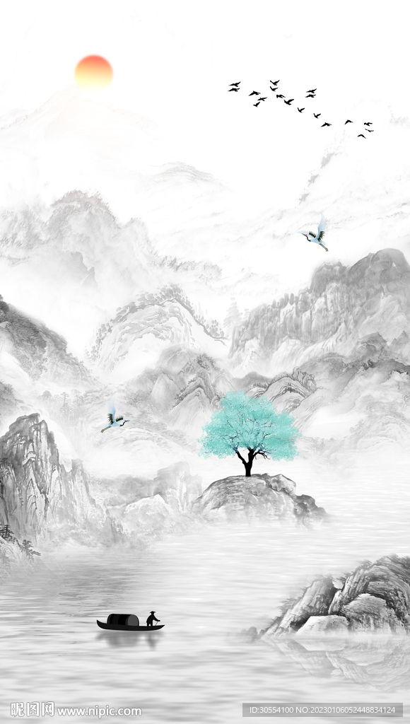 新中式抽象水墨山水玄关背景墙图