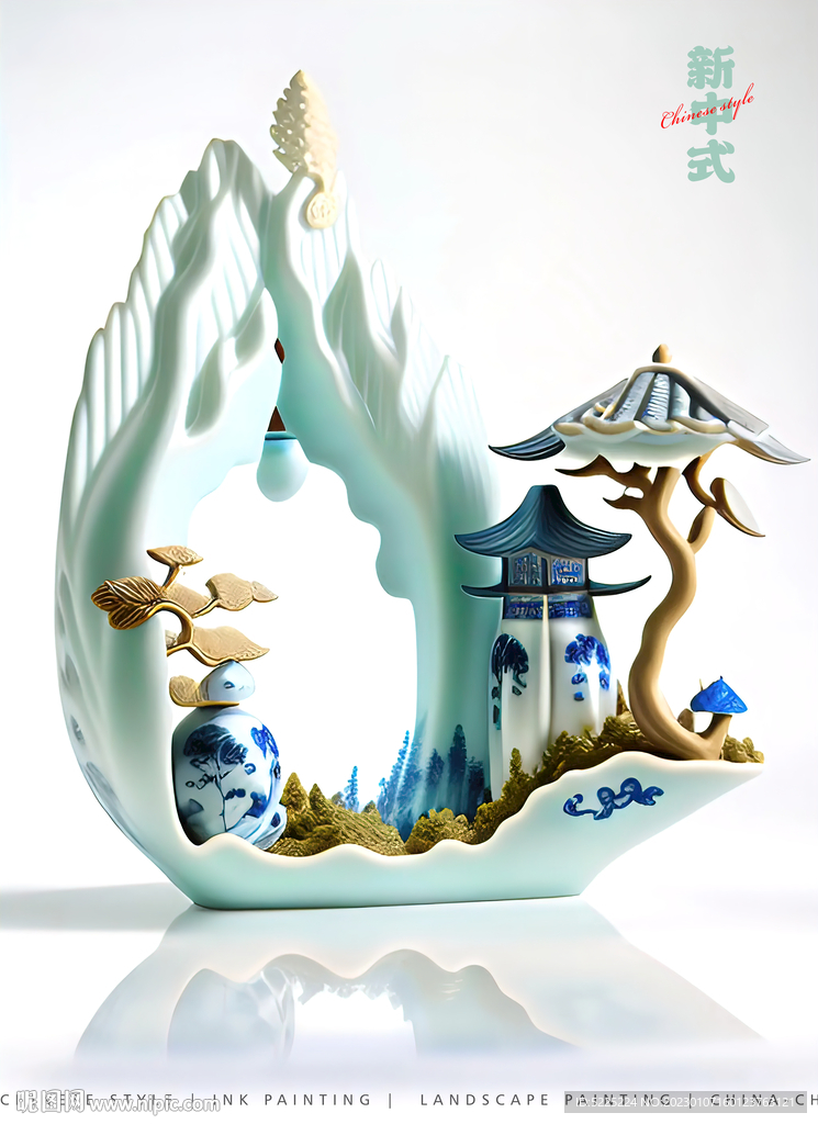 青花瓷苏州园林雕塑