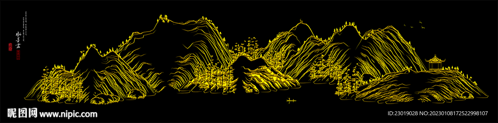 线条金山 水墨画