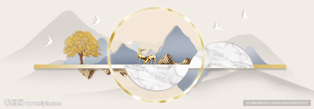 新中式金色抽象麋鹿山水床头画图