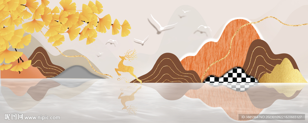 新中式抽象金色麋鹿山水床头画图