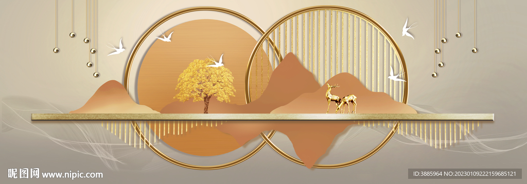 新中式抽象金色麋鹿山水床头画图