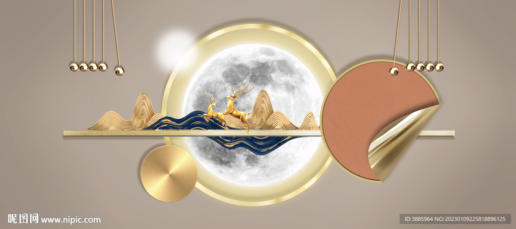 新中式抽象金色麋鹿山水床头画图