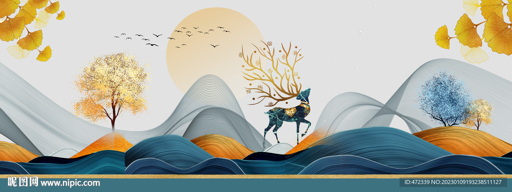 新中式现代山水麋鹿装饰画