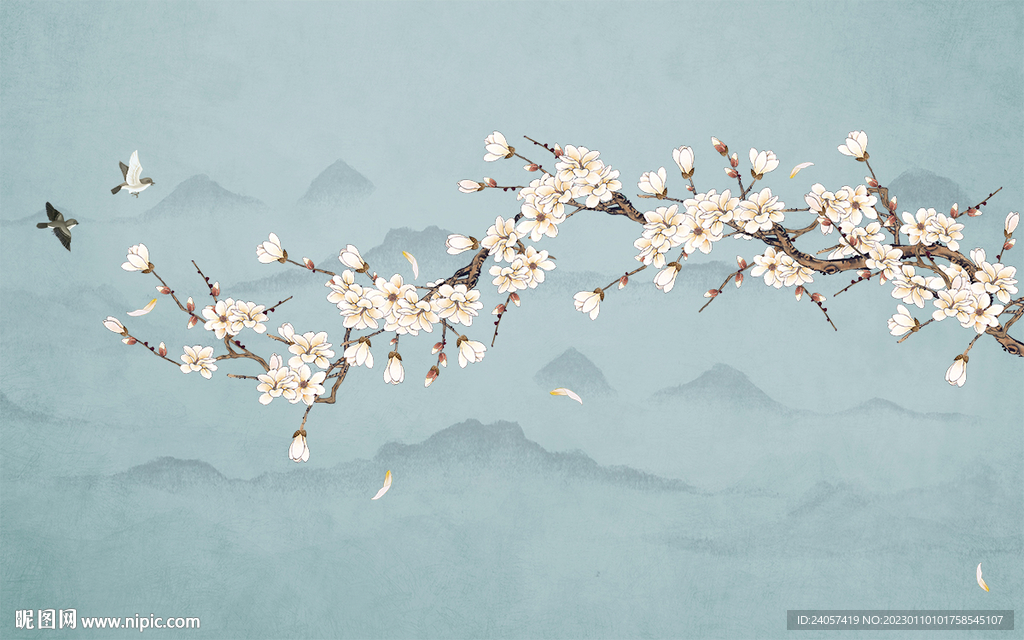 新中式工笔花鸟玉兰背景墙