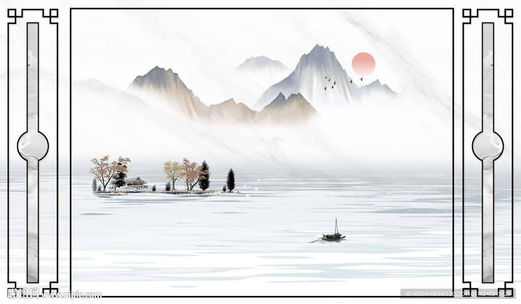 新中式抽象线条背景墙图片