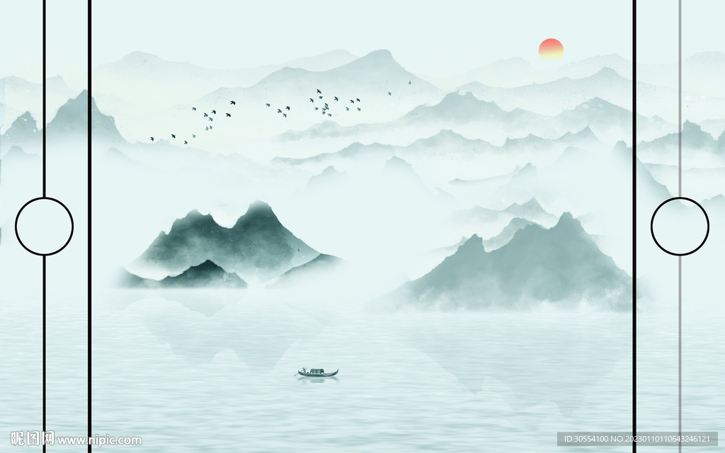 新中式水墨山水背景墙图片