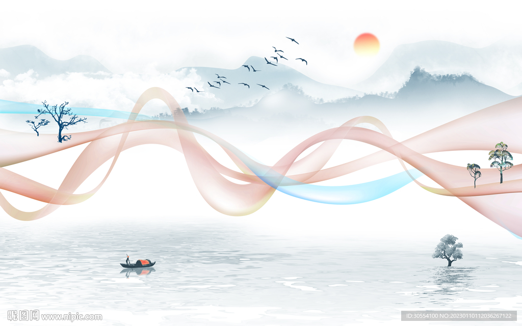 新中式水墨山水背景墙图片