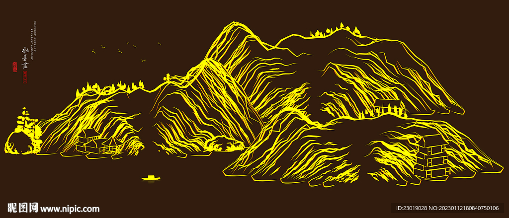 水墨金山线条山水画