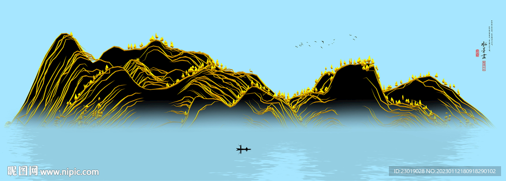 线绘山水画金山