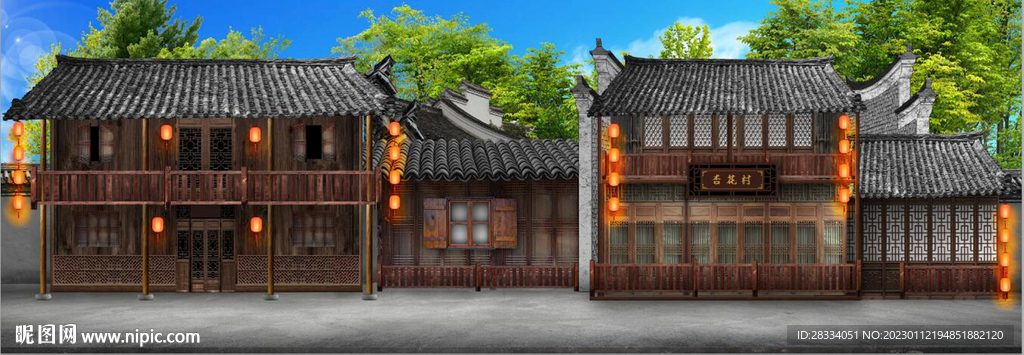 古代市井集市饭馆背景墙壁画