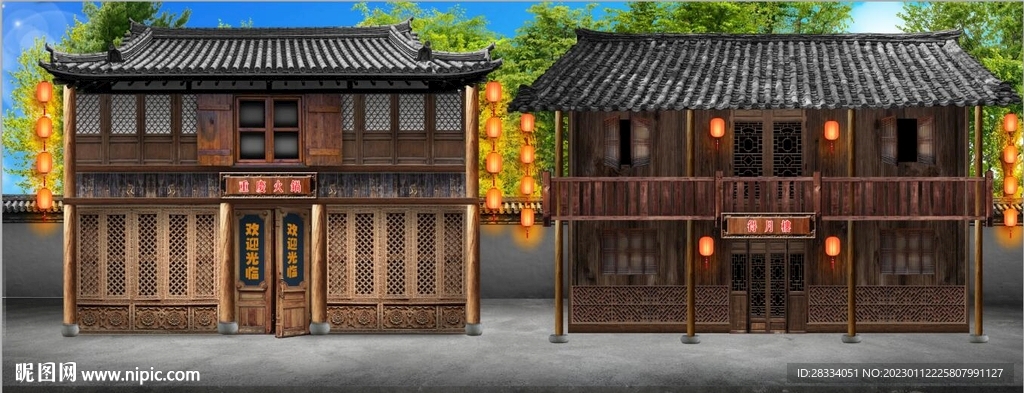 古代市井集市饭馆背景墙壁画