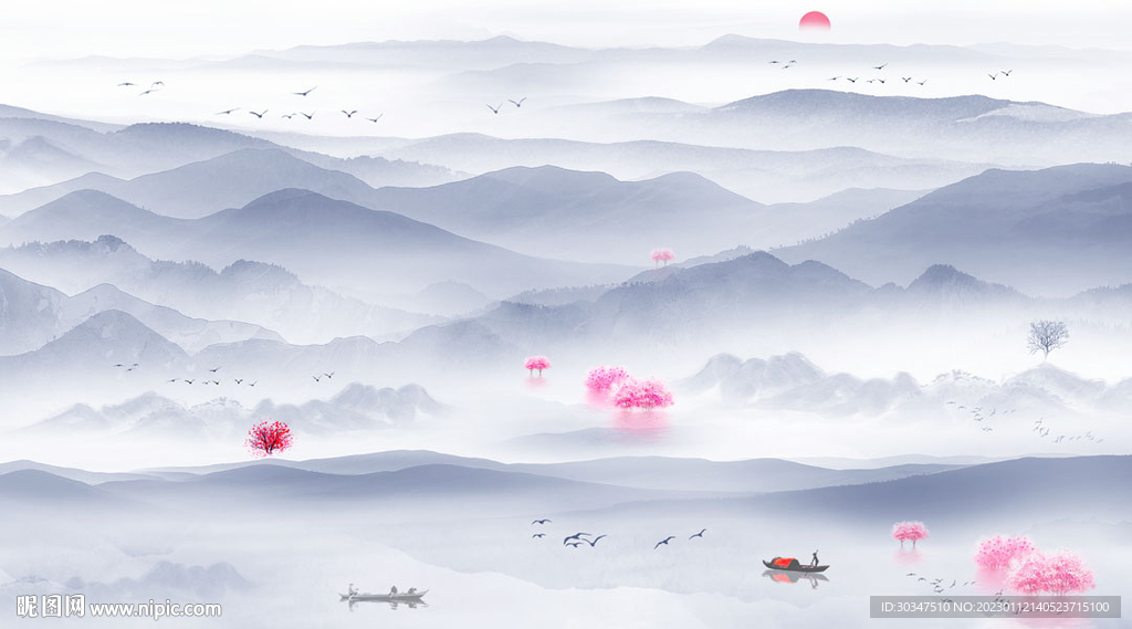 江南水乡水墨山水画