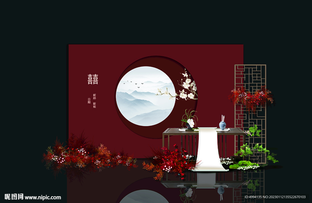 红色中间月亮婚庆背景