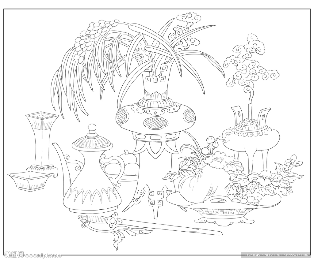 白描花瓶博古 