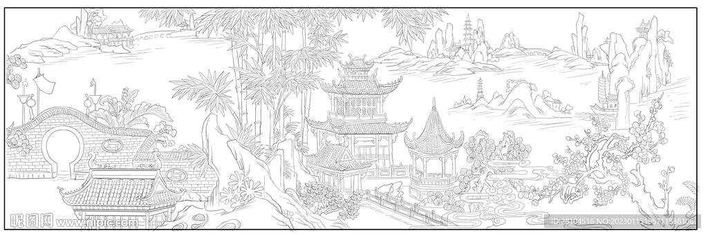 白描古建图 