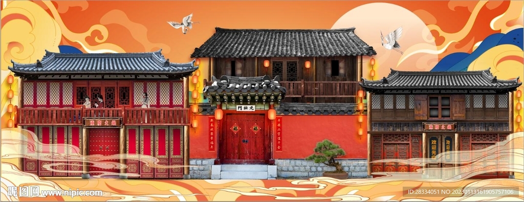 复古怀旧中式古建筑餐饮背景墙