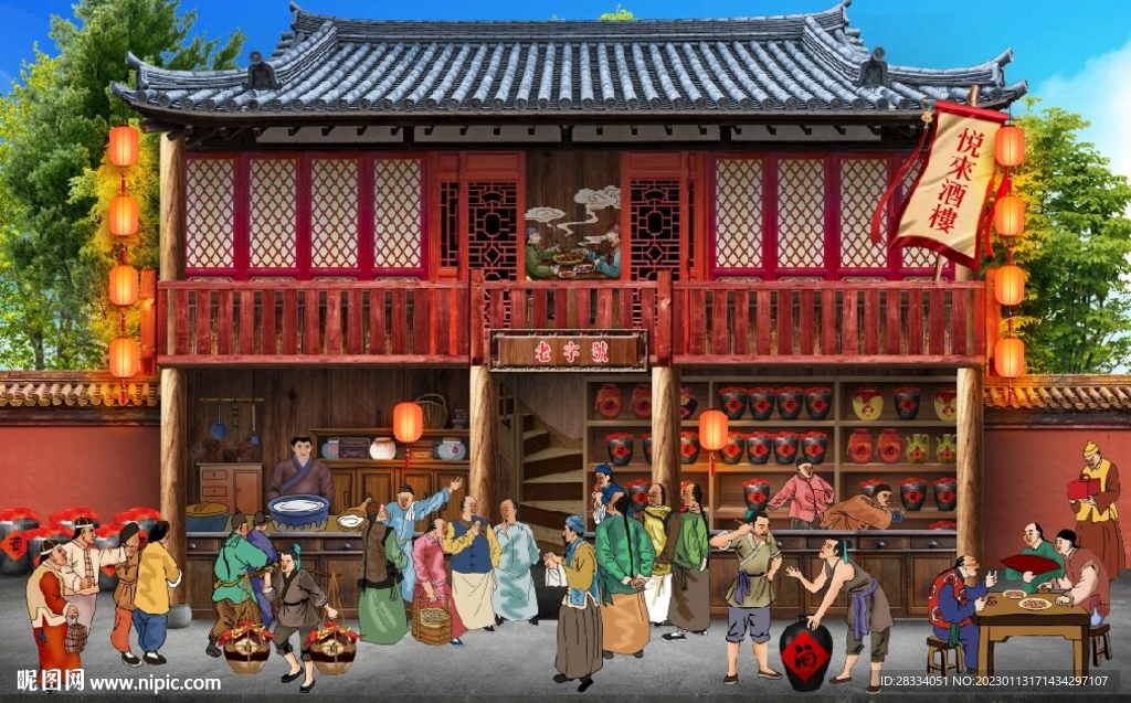 古代市井集市饭馆背景墙壁画