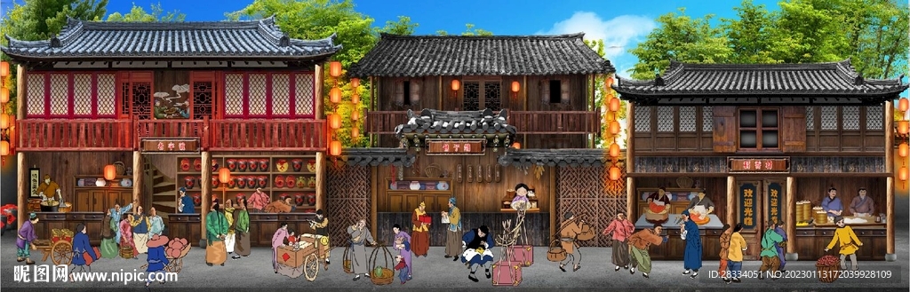 古代市井集市饭馆背景墙壁画