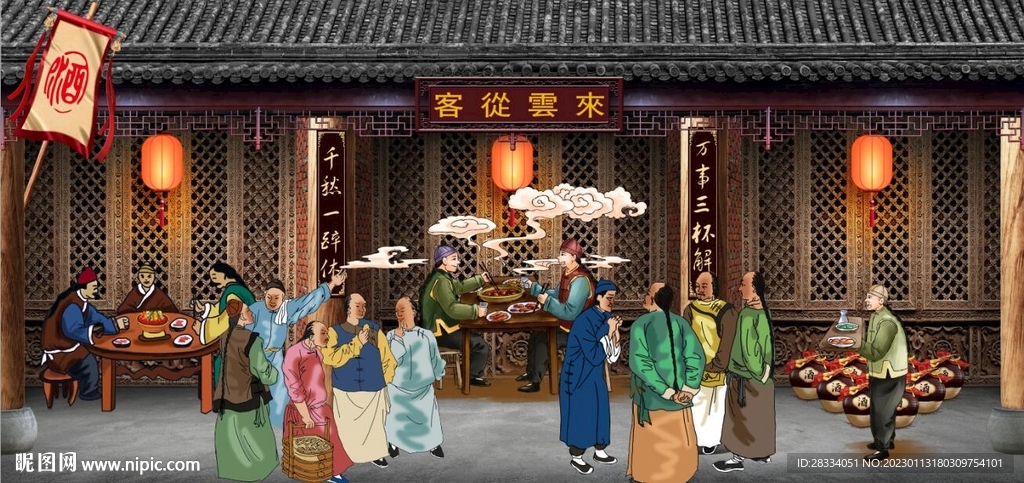 古代市井集市饭馆背景墙壁画