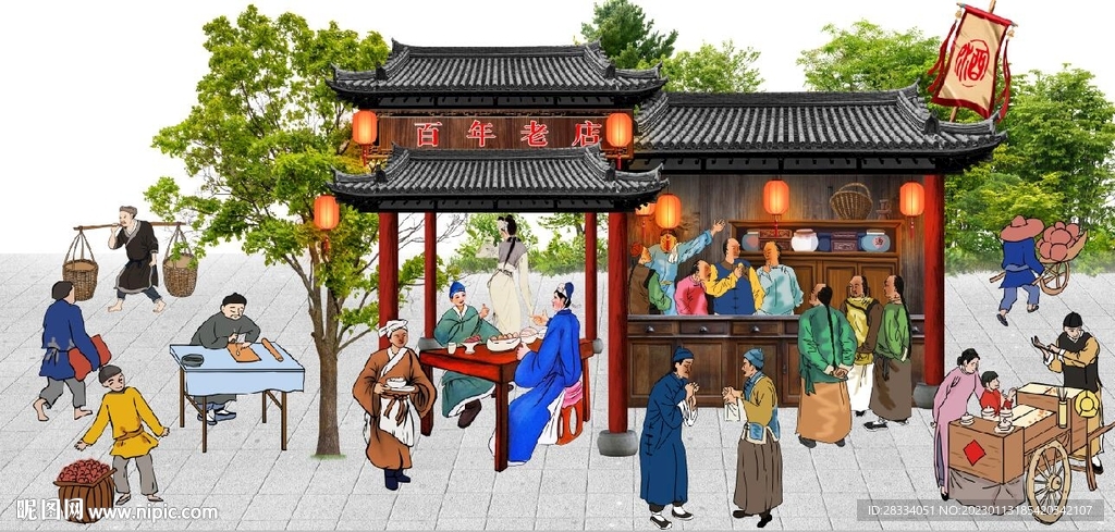 古代市井酒楼背景墙壁画