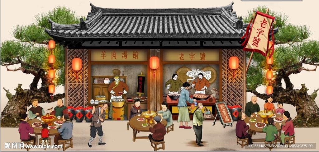 古代羊肉汤馆背景墙壁画