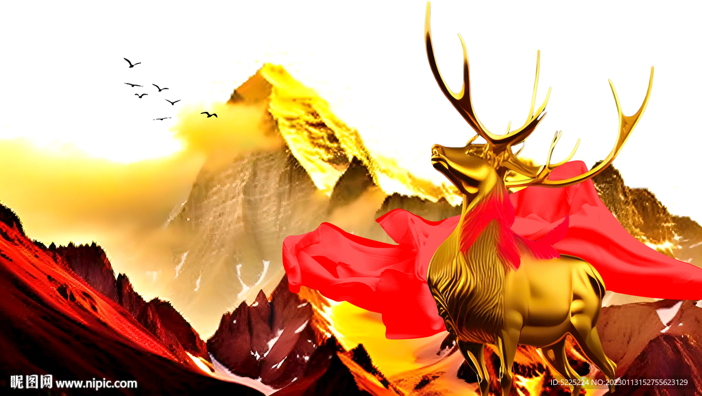 金箔金色山峰麋鹿装饰画素材