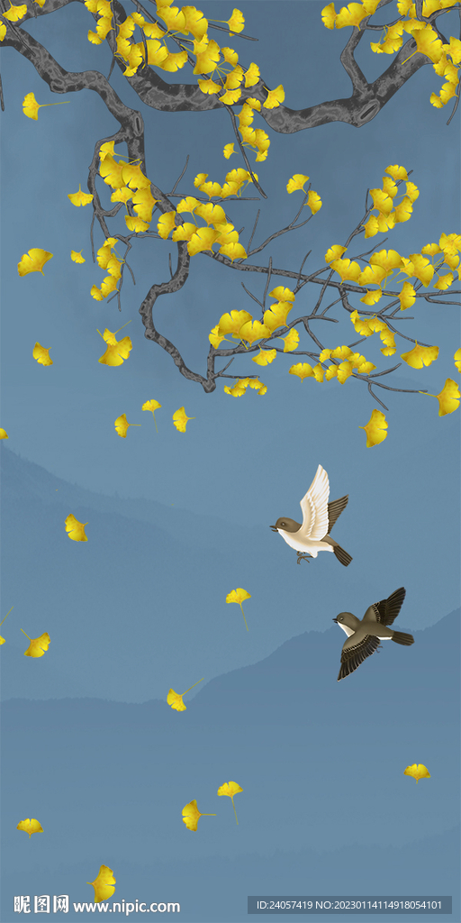 新中式花鸟银杏玄关背景墙