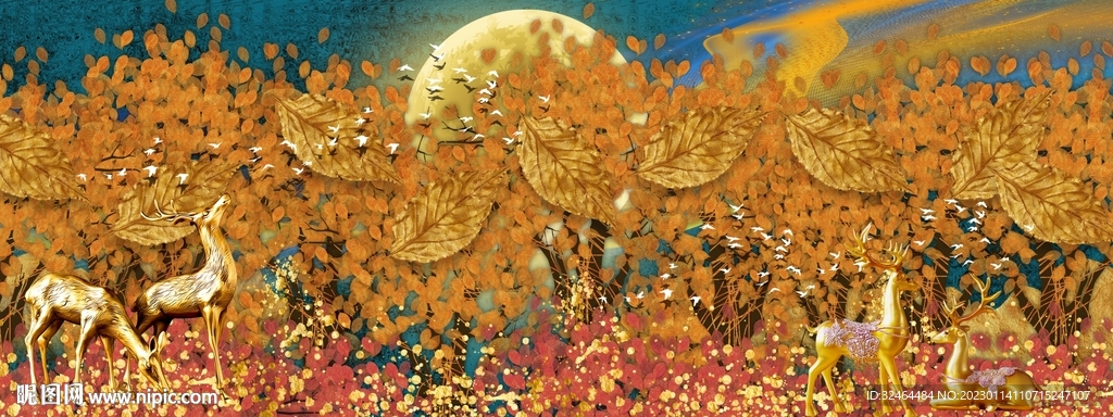 高端金叶麋鹿装饰画