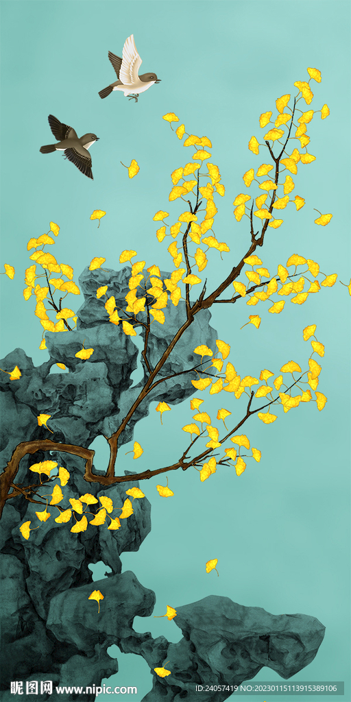 新中式银杏花鸟玄关装饰画