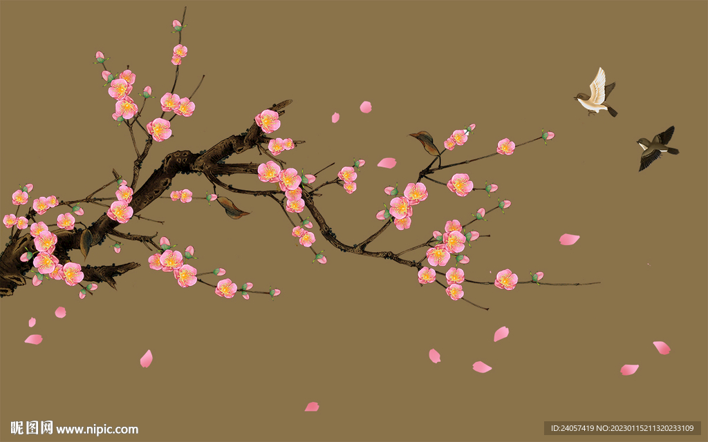 新中式工笔花鸟桃花装饰画背景墙