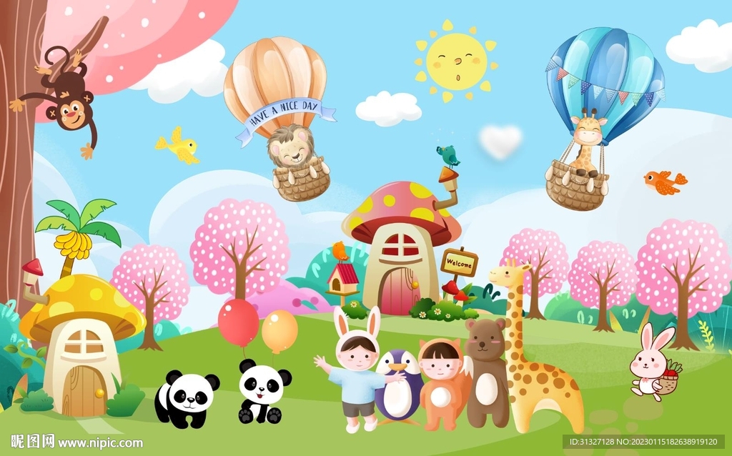 卡通可爱动物櫻花园背景墙